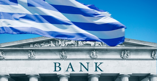 Drapeau Grecque devant une banque