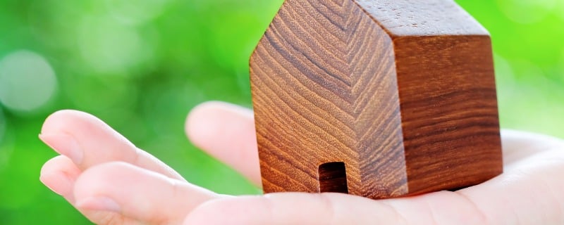 Bloc en bois ressemblant a une maison tenue par une personne