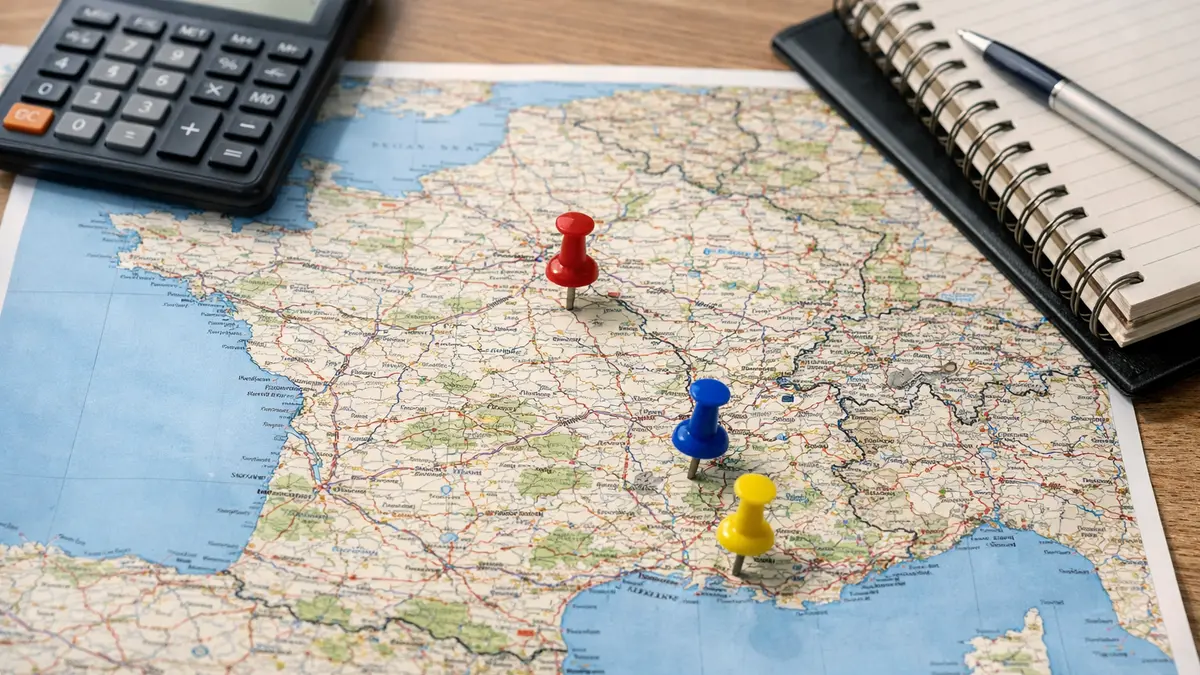 Carte de France avec rep&egrave;res sur Paris, Grenoble et Marseille