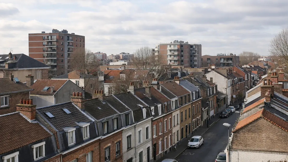 Quartier r&eacute;sidentiel &agrave; Lille avec maisons et immeubles