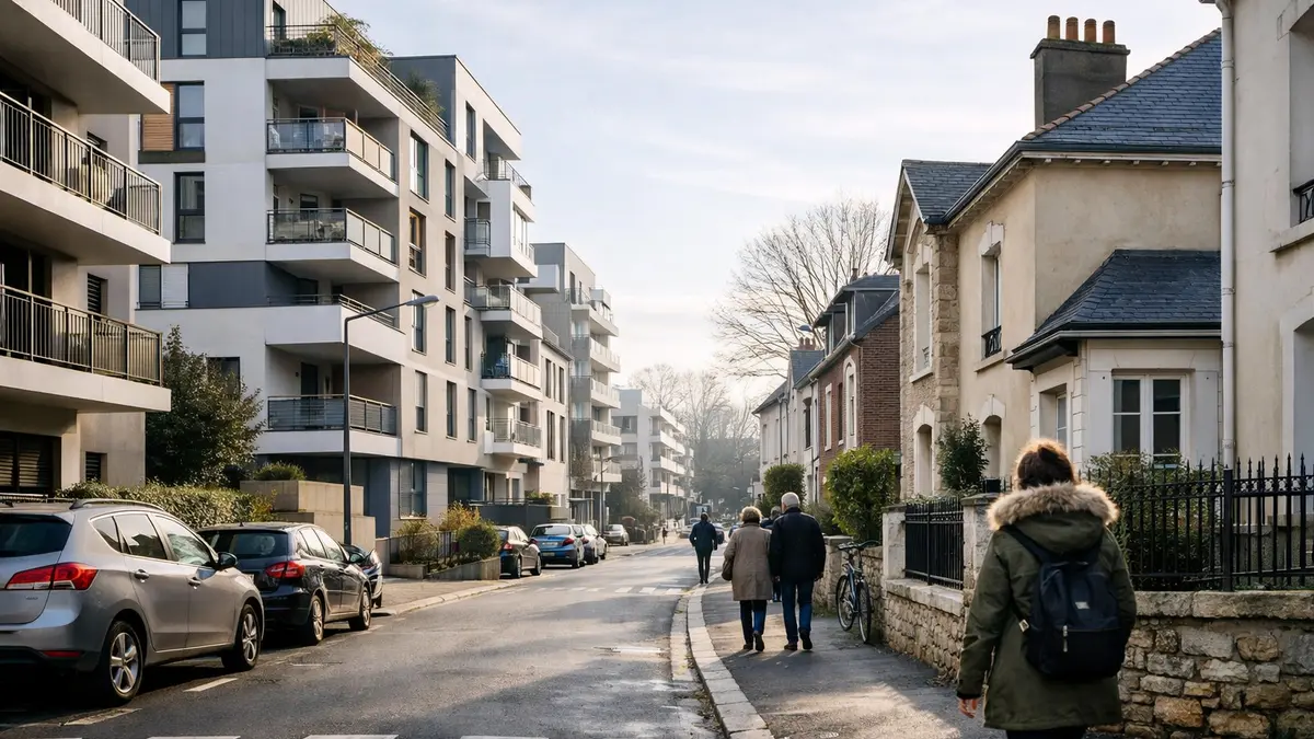 Rue &agrave; Nantes avec immeubles et maisons, illustration du march&eacute; immobilier