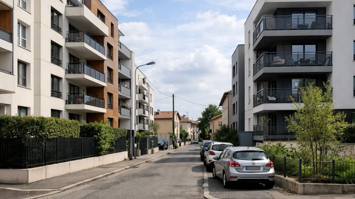 Rue résidentielle à Villeurbanne avec immeubles et maisons