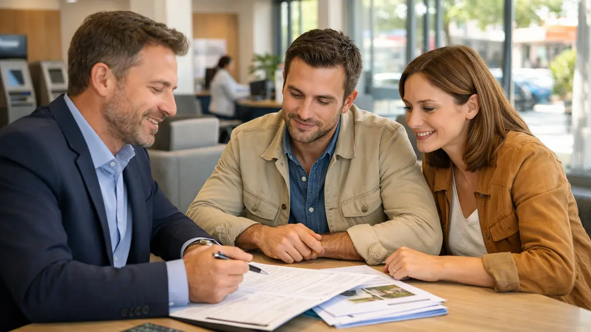 Conseiller bancaire présentant une offre de crédit immobilier à un couple