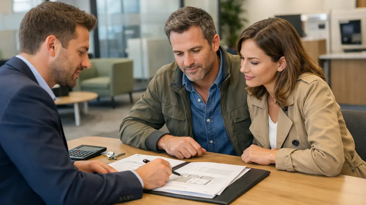 Un couple &eacute;change avec un conseiller bancaire sur un pr&ecirc;t immobilier