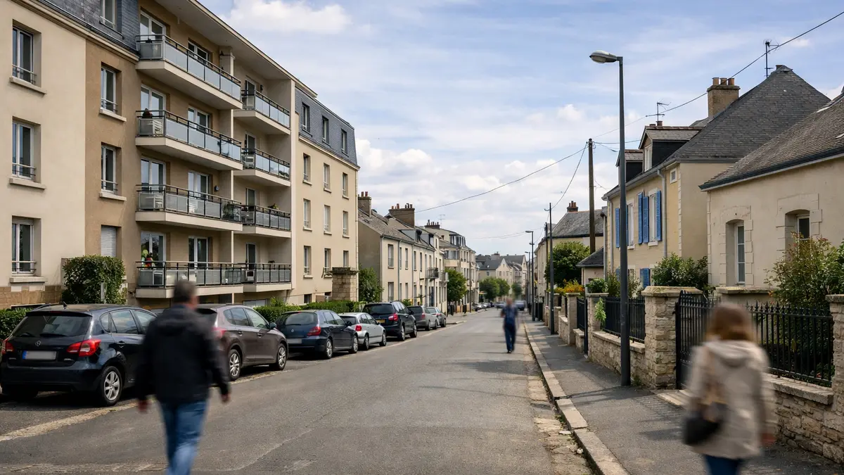 Rue au Mans avec immeubles et maisons, illustration du march&eacute; immobilier
