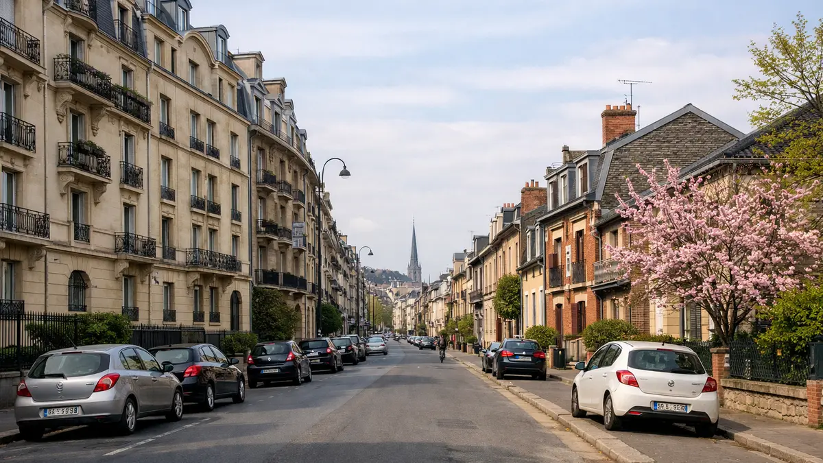 Rue de Reims m&ecirc;lant immeubles et maisons