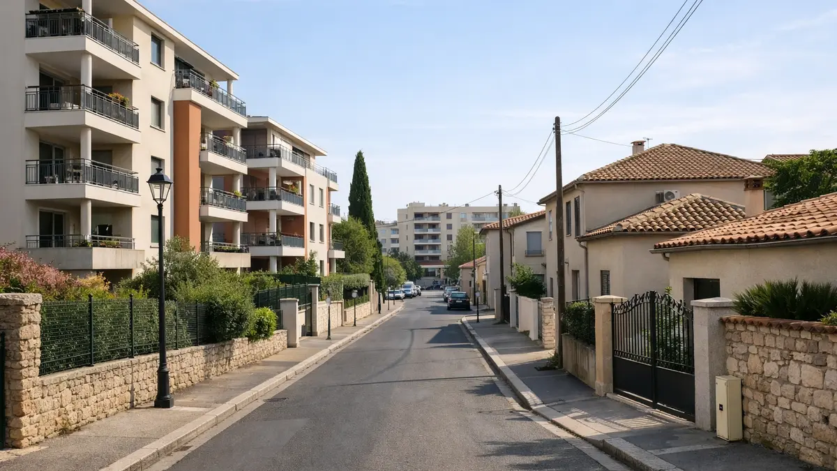 Rue r&eacute;sidentielle &agrave; N&icirc;mes avec appartements et maisons
