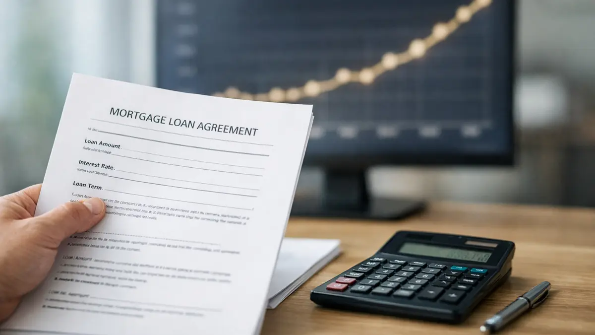 Document de prêt immobilier et calculatrice, courbe de taux en arrière-plan