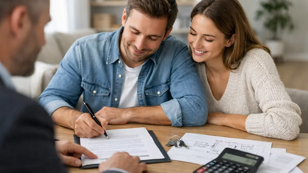 Couple signant un dossier de pr&ecirc;t immobilier avec PTZ