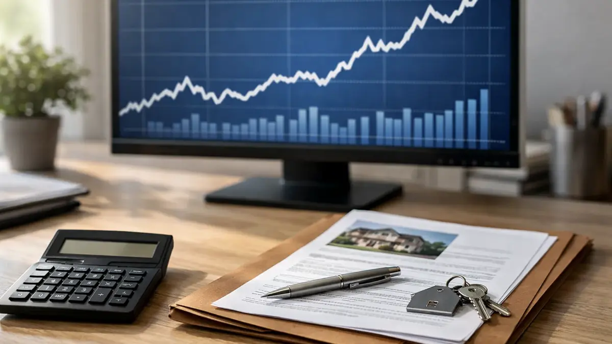 Graphique de taux en hausse à côté d’un dossier de prêt immobilier