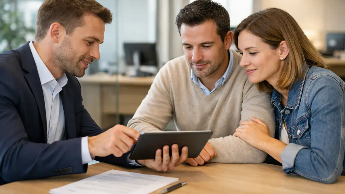 Conseiller bancaire pr&eacute;sentant une simulation de pr&ecirc;t immobilier