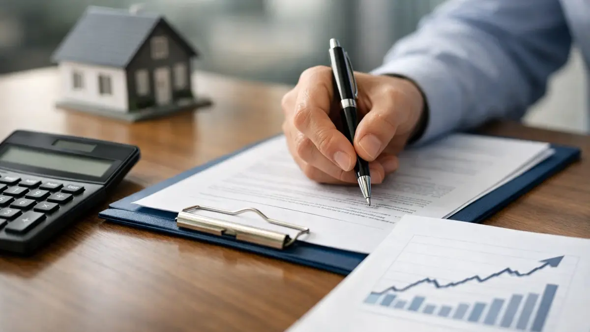 Signature d’un dossier de crédit immobilier avec calculatrice
