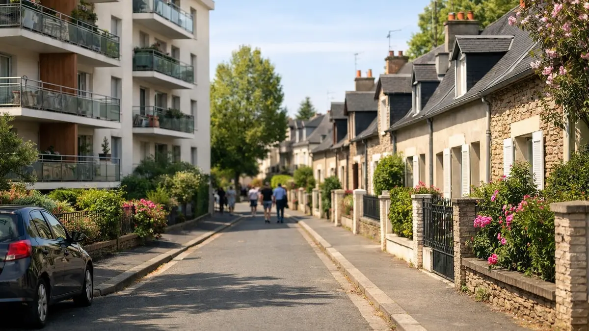Rue d’Angers avec immeuble et maisons, illustration des prix et loyers
