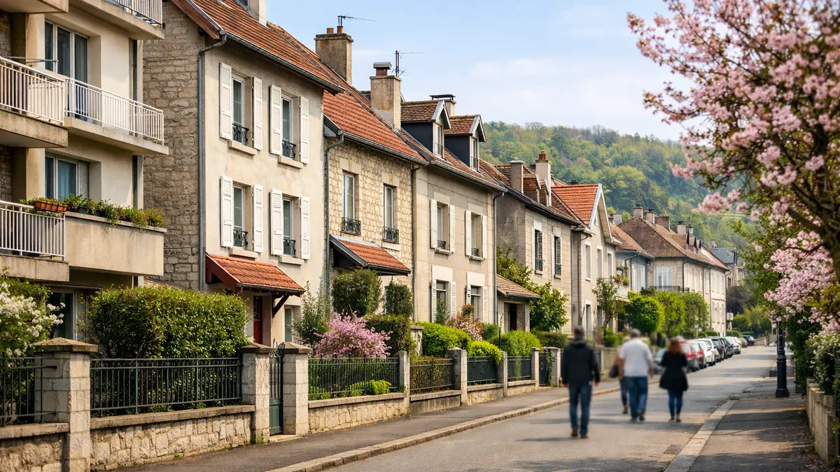 Rue r&eacute;sidentielle &agrave; Besan&ccedil;on avec maisons et immeubles