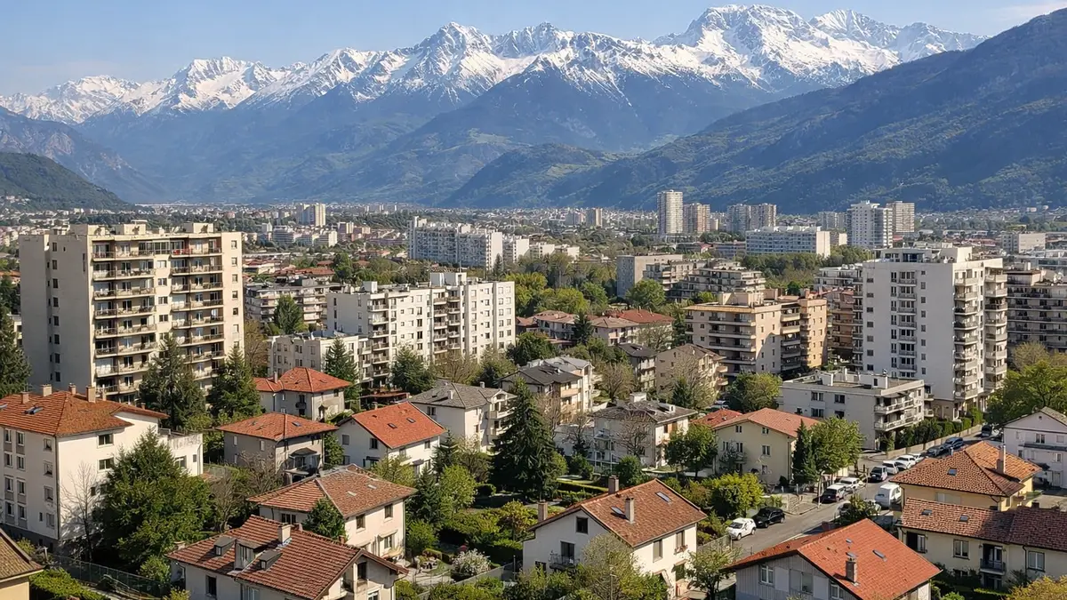 Vue de quartiers résidentiels à Grenoble avec les Alpes en arrière-plan