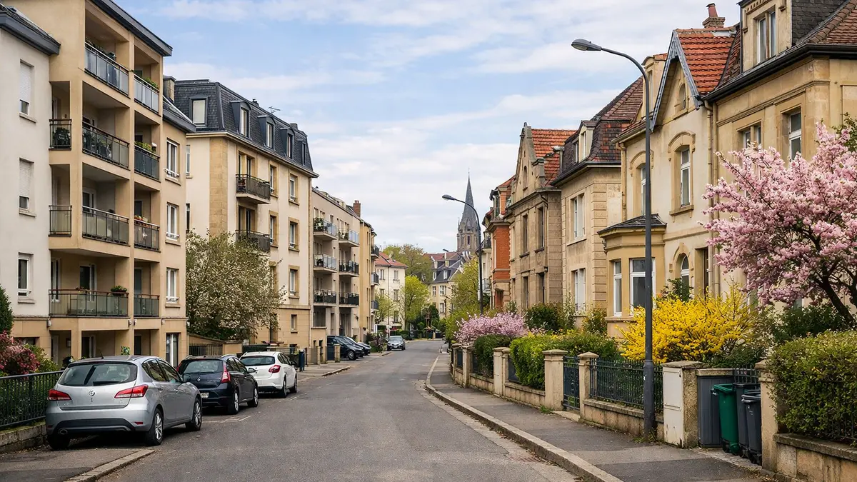Rue résidentielle à Metz avec immeubles et maisons