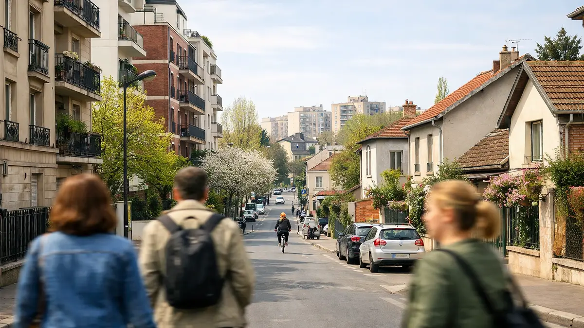Rue r&eacute;sidentielle &agrave; Montreuil avec immeubles et maisons