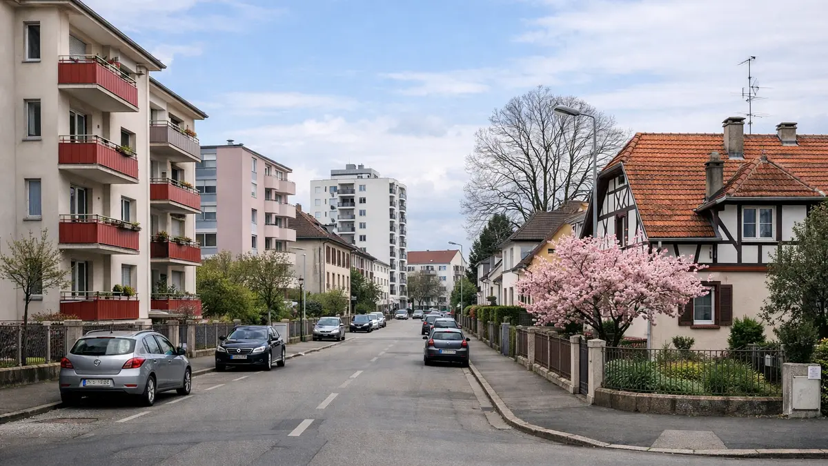 Rue à Mulhouse avec immeubles et maisons, illustration du marché immobilier