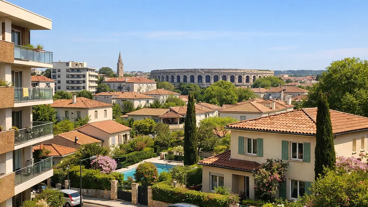 Vue d’un quartier de Nîmes avec immeubles et maisons