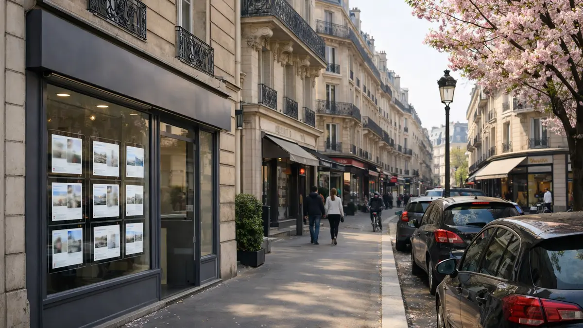 Rue parisienne avec vitrines d’agences immobilières