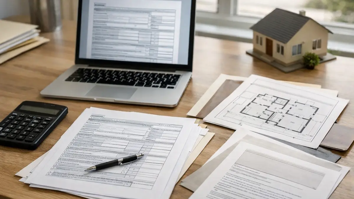 Documents de déclaration d’impôts et papiers immobiliers sur un bureau