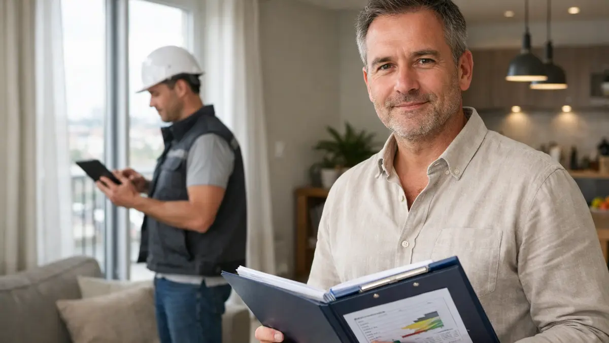 Propri&eacute;taire et diagnostiqueur r&eacute;alisant un DPE dans un logement