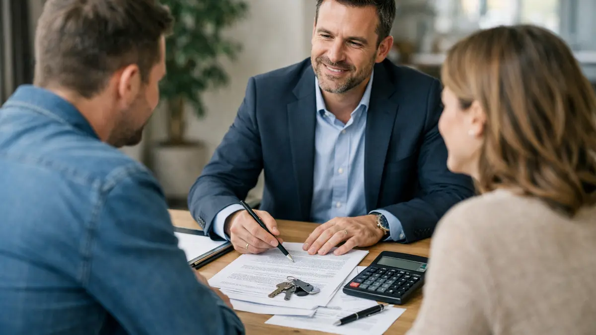Un couple &eacute;change avec un conseiller bancaire sur un pr&ecirc;t immobilier