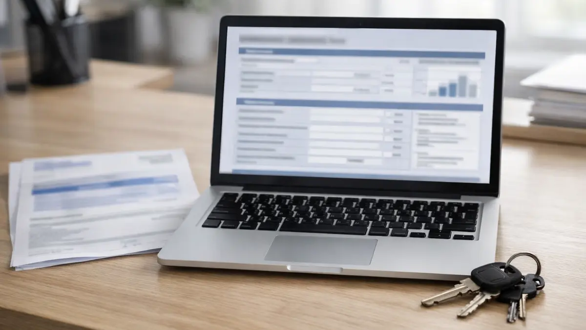 Ordinateur et cl&eacute;s devant un document fiscal flout&eacute;