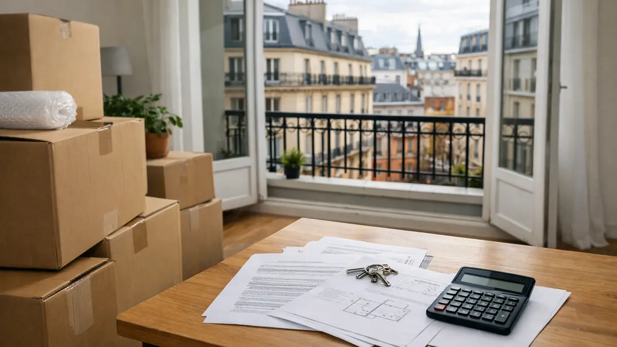 Cartons de déménagement et documents de financement immobilier