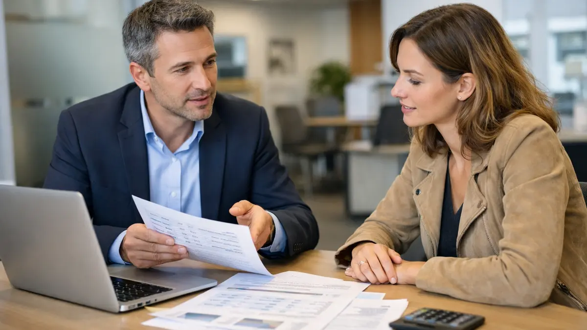 Une entrepreneuse &eacute;change avec un conseiller bancaire sur un pr&ecirc;t immobilier