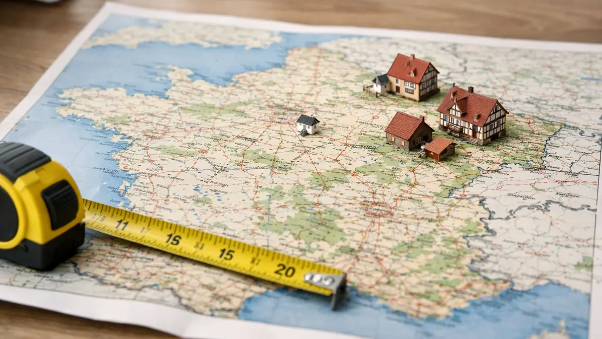 Carte de France avec m&egrave;tre ruban et maisons miniatures
