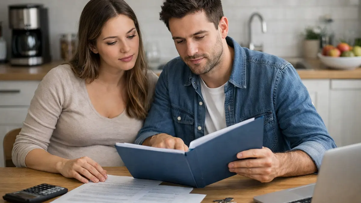 Couple de futurs parents avec un dossier de pr&ecirc;t immobilier