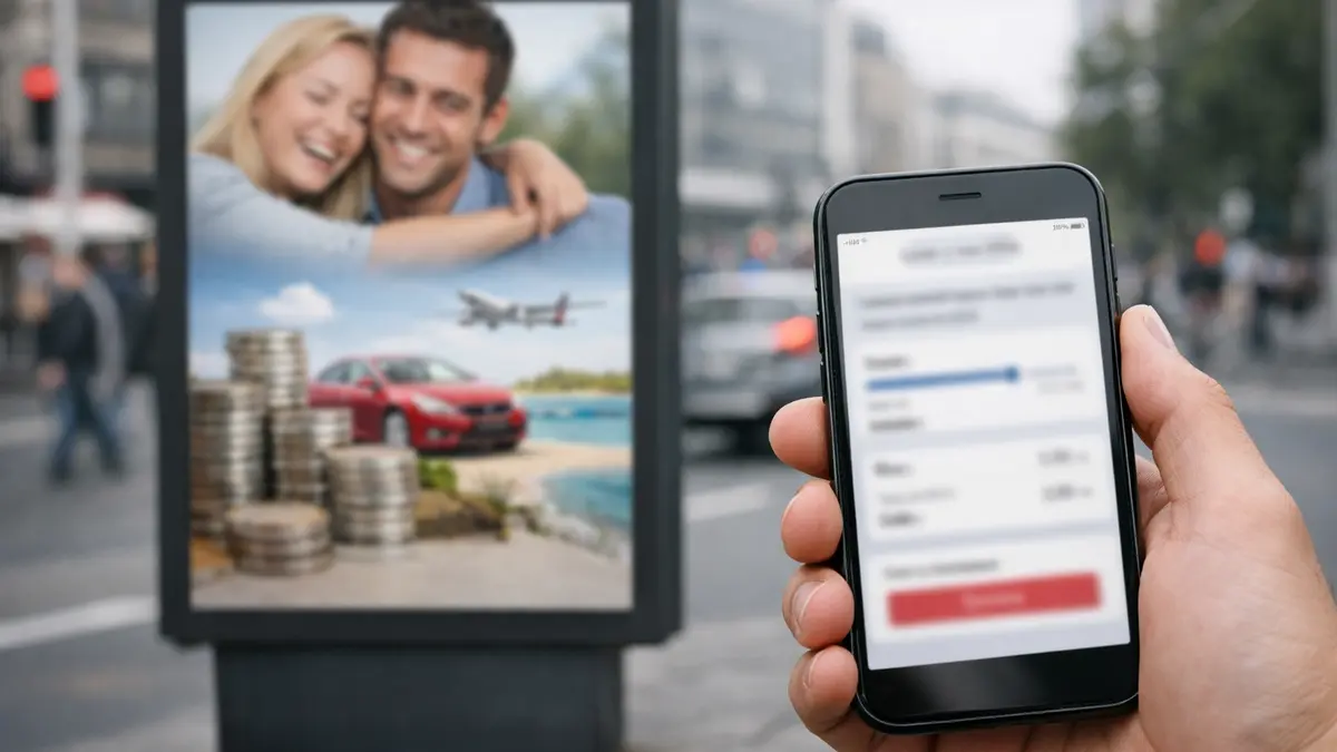 Panneau publicitaire et smartphone illustrant une offre de crédit conso