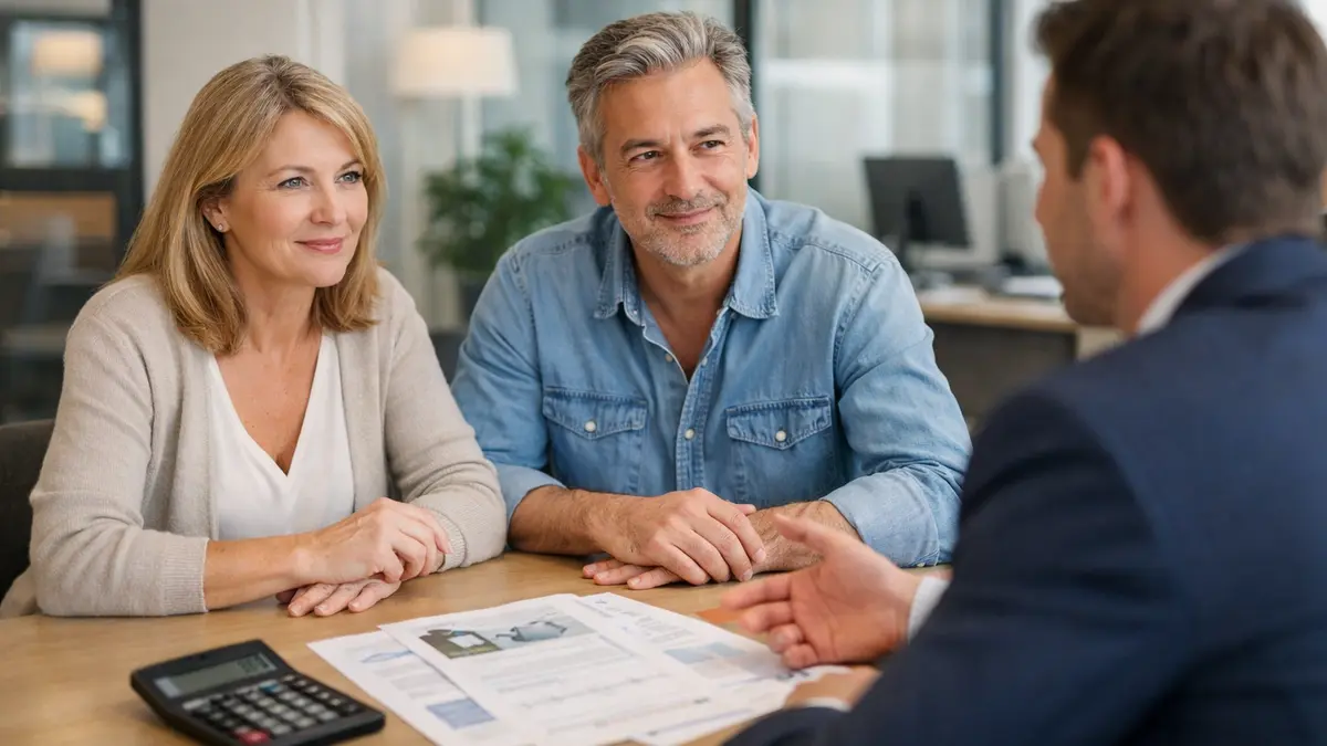 Un couple &eacute;change avec un conseiller sur un pr&ecirc;t immobilier