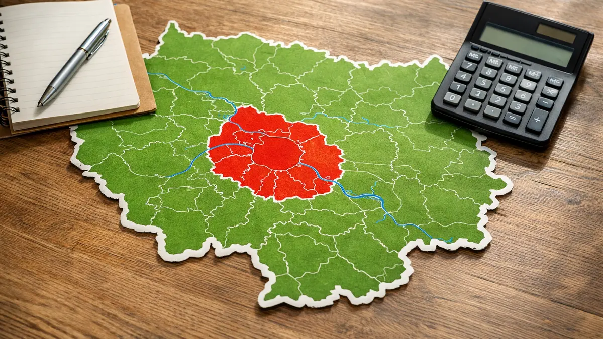 Carte de l&rsquo;&Icirc;le-de-France avec Paris et la grande couronne mises en &eacute;vidence