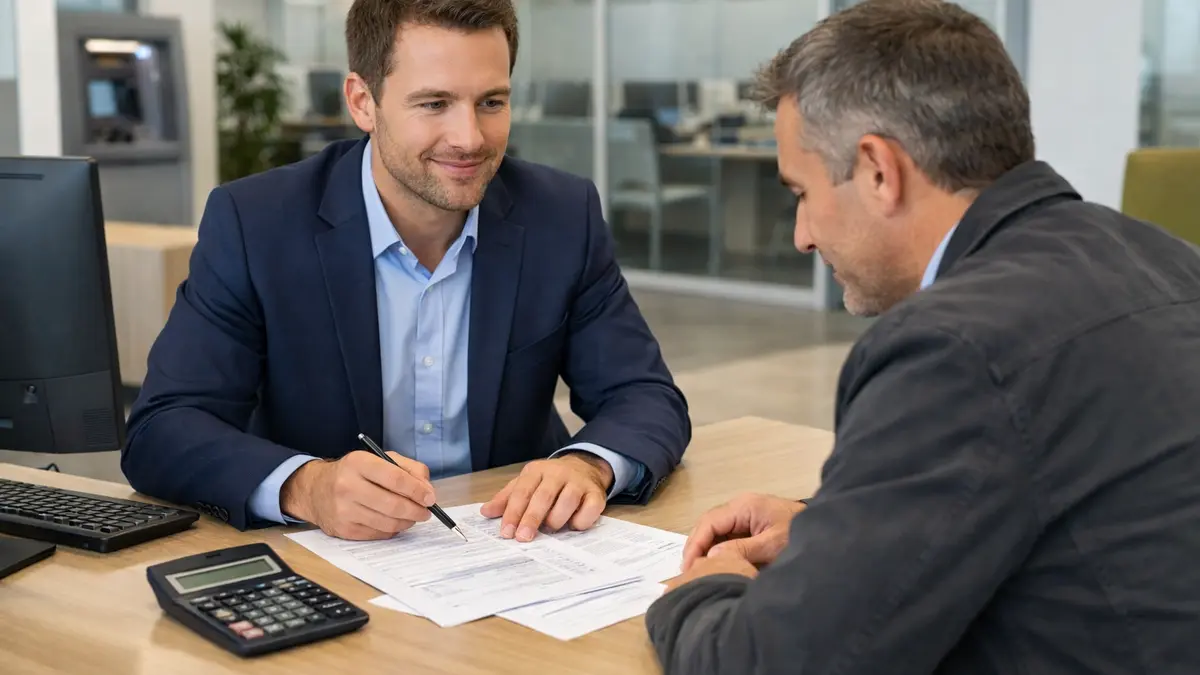 Client et conseiller bancaire en agence, documents de cr&eacute;dit sur la table