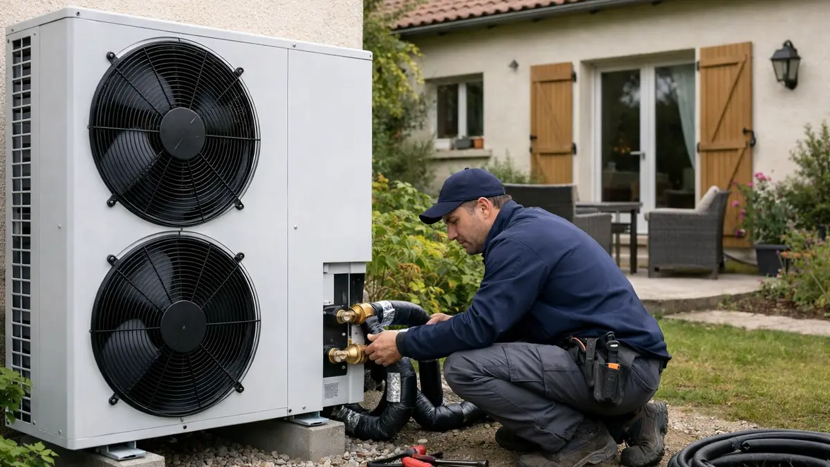 Installation d&rsquo;une pompe &agrave; chaleur devant une maison
