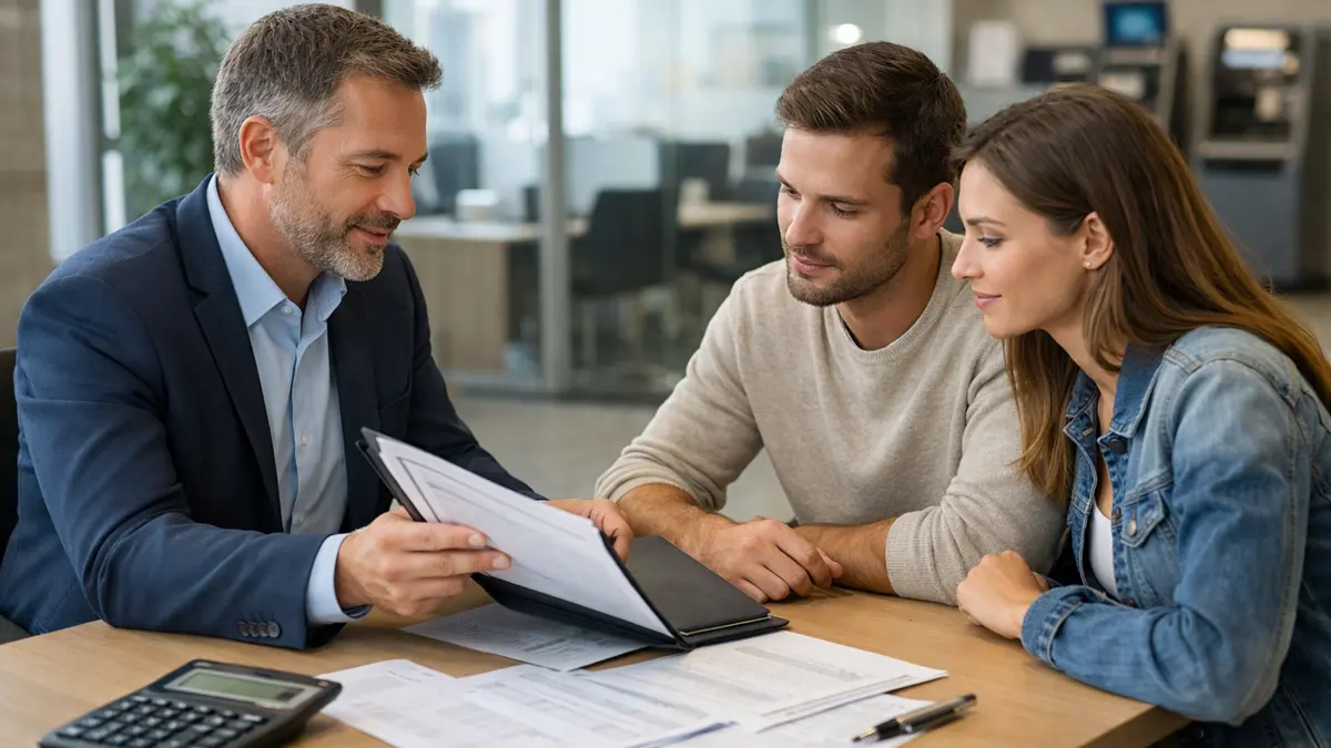 Couple et conseiller étudiant un dossier de prêt immobilier