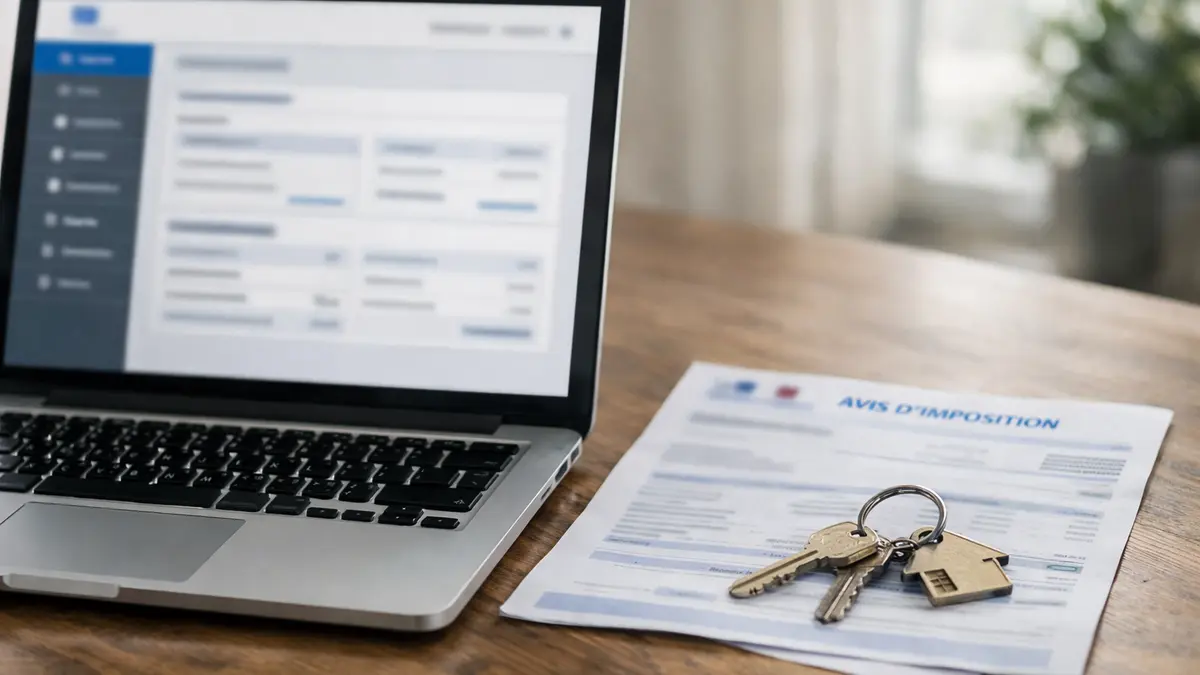 Ordinateur ouvert sur un espace fiscal en ligne et cl&eacute;s de logement