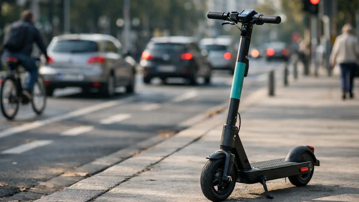 Trottinette électrique en ville, sur un trottoir