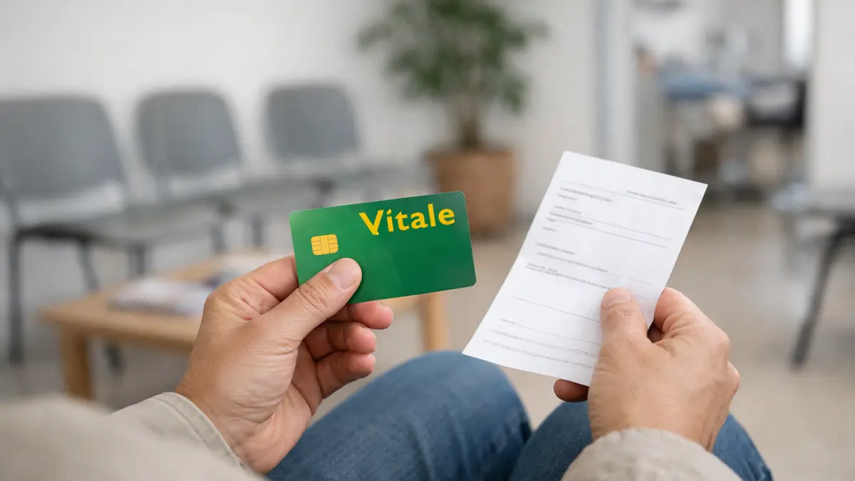 Carte Vitale et ordonnance dans une salle d’attente médicale