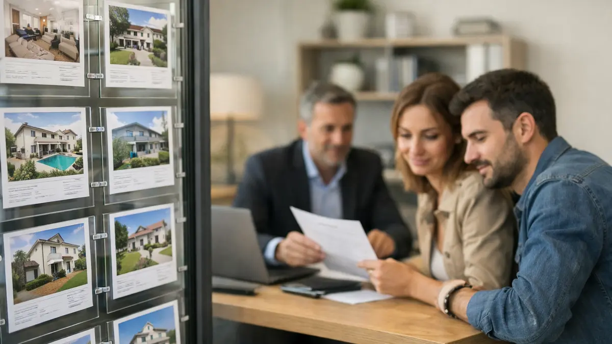 Couple en agence immobilière comparant un crédit sur 20 ans