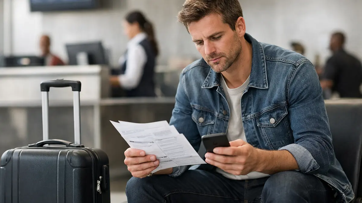 Voyageur examinant des documents d’assurance en aéroport