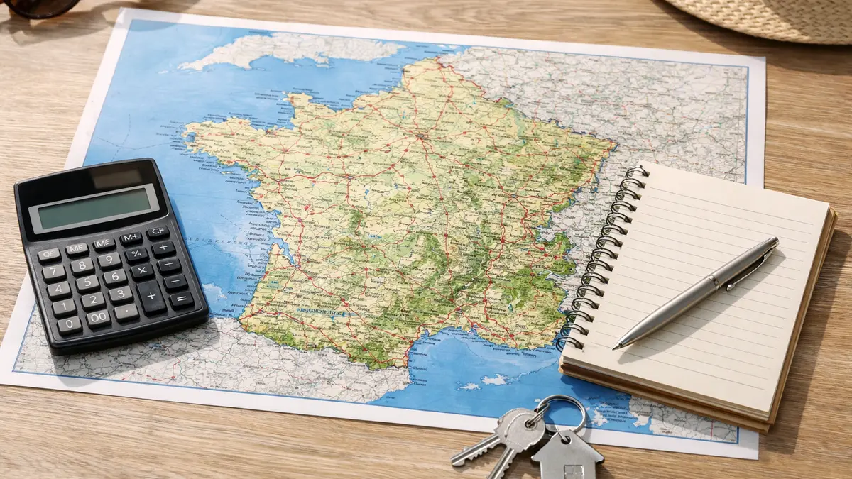 Calculatrice et clés devant une carte du littoral français