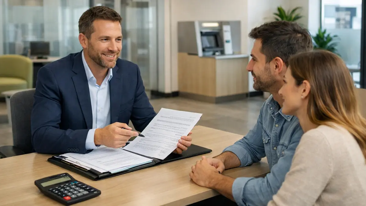 Un couple échange avec un conseiller bancaire sur un prêt immobilier