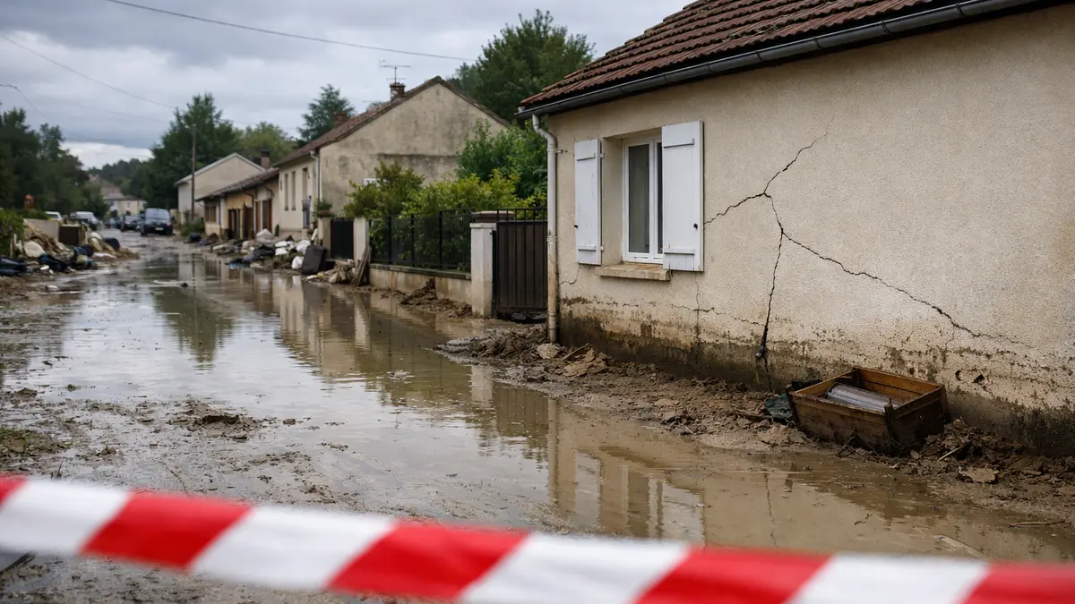Rue inondée et façade de maison avec fissures après intempéries