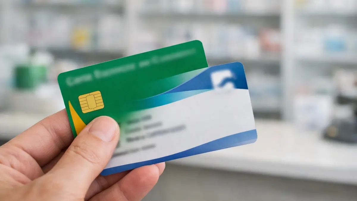 Carte Vitale et carte de mutuelle tenues en main
