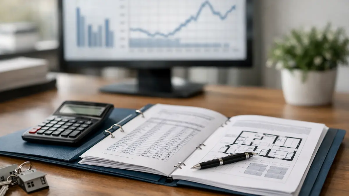 Dossier de prêt immobilier et indicateurs de taux sur un bureau