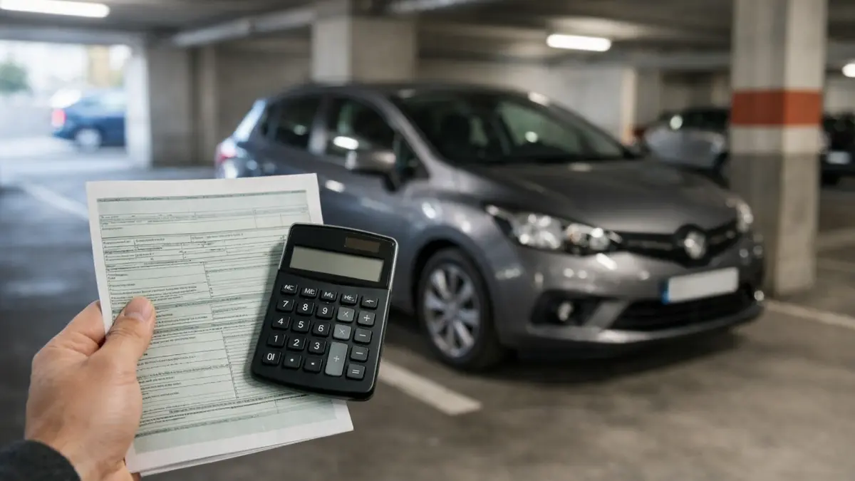 Document d&rsquo;assurance auto et calculatrice devant une voiture