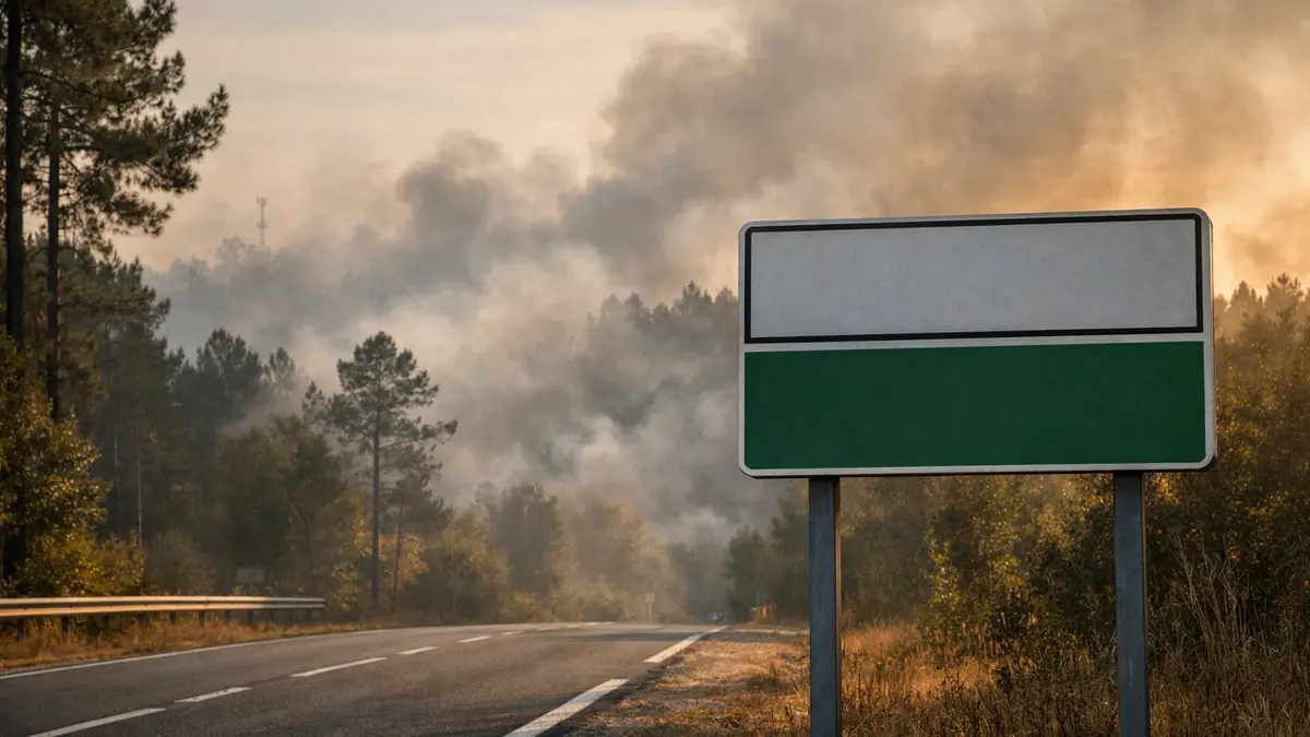 Panneau routier en Gironde avec fumée d’incendie en arrière-plan